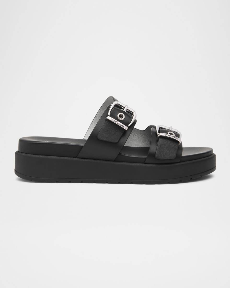 Leather Double-Buckle Flatform Sandals